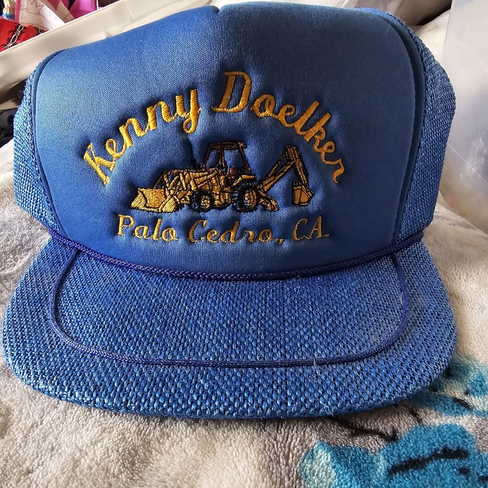 Vintage California trucker hat; Kenny Doelker, Palo Cedro, OS, blue snapback
